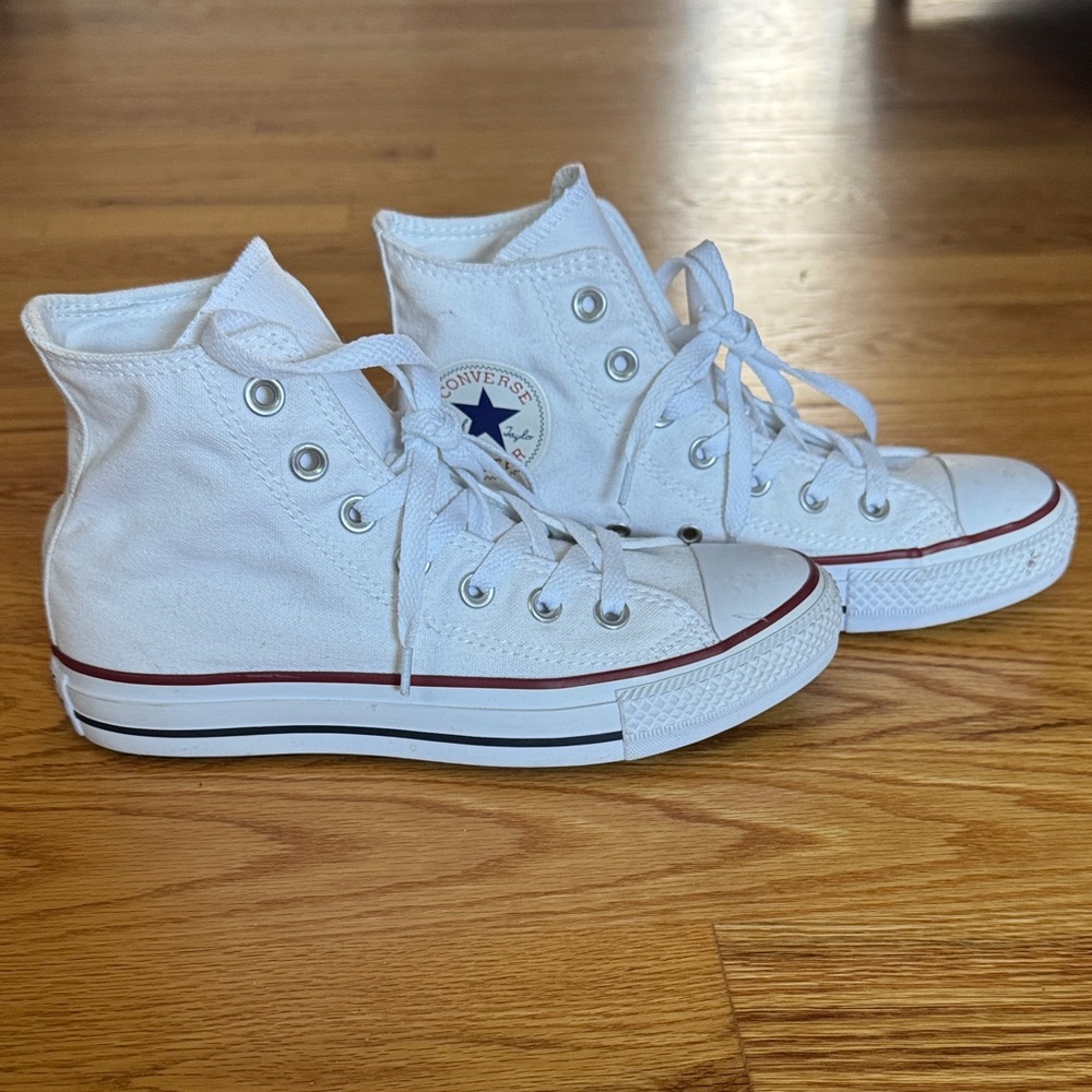 Converse White High Top Sneakers with Red and Black Stripe